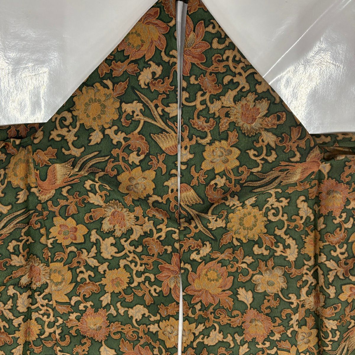 【美品】 小紋 身長159cm 袖長64cm M 雙層 尾長鳥 花唐草紋 金銀彩 深綠 純蠶絲 優品級