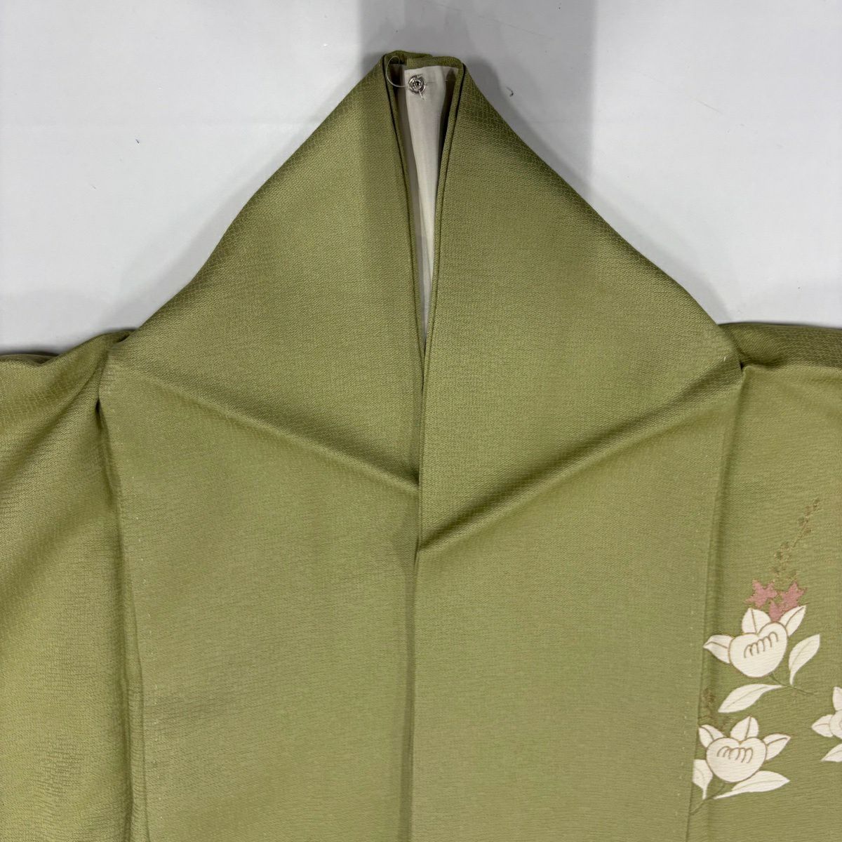 付下 身長160cm 袖長64cm M 雙層 橘色 蔓帶 刺繡 金彩裝飾 抹茶 純蠶絲 秀品級