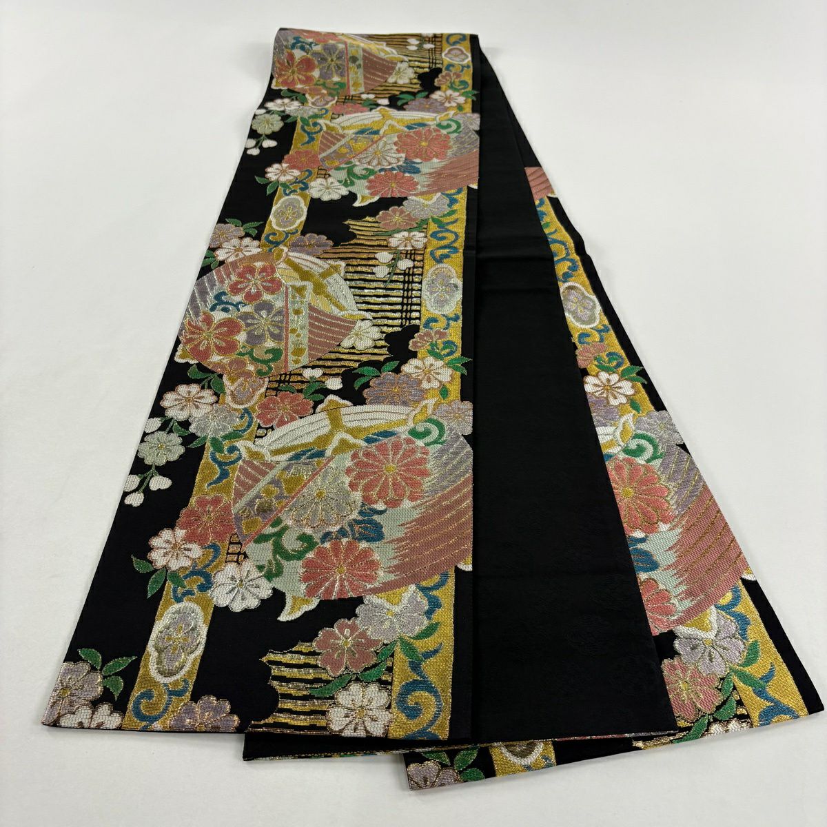 【美品】 袋帶 秀品級 線圈 櫻花 金銀彩 金金箔 黑 六通 純蠶絲
