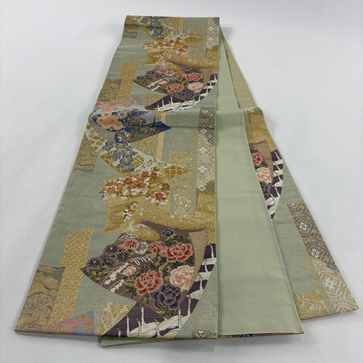 【美品】 袋帶 秀品級 草花紋紋 仙鶴 金絲 灰綠 六通 純蠶絲