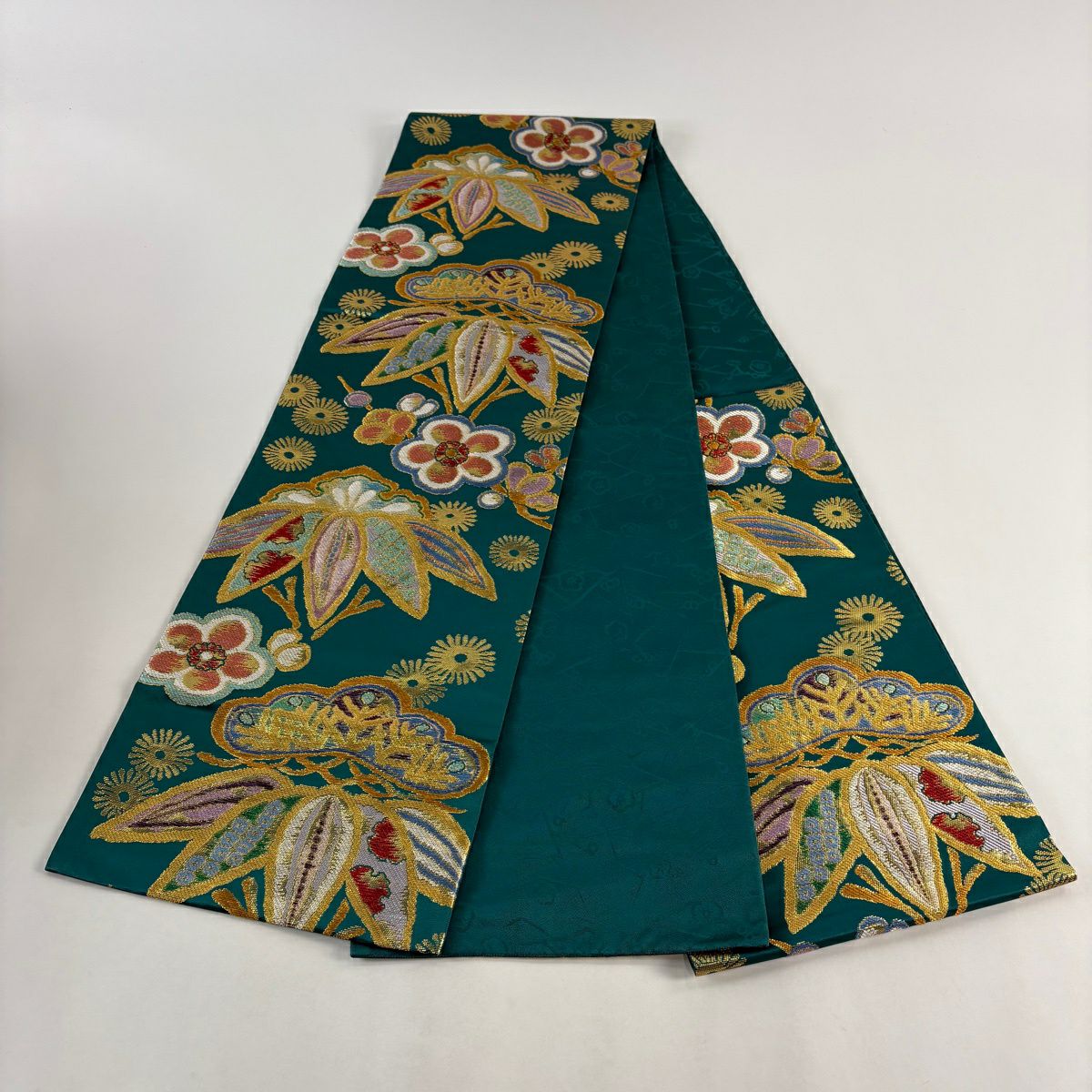 【美品】 袋帶 秀品級 松樹竹子梅花 金金箔 刺繡 綠 六通 純蠶絲