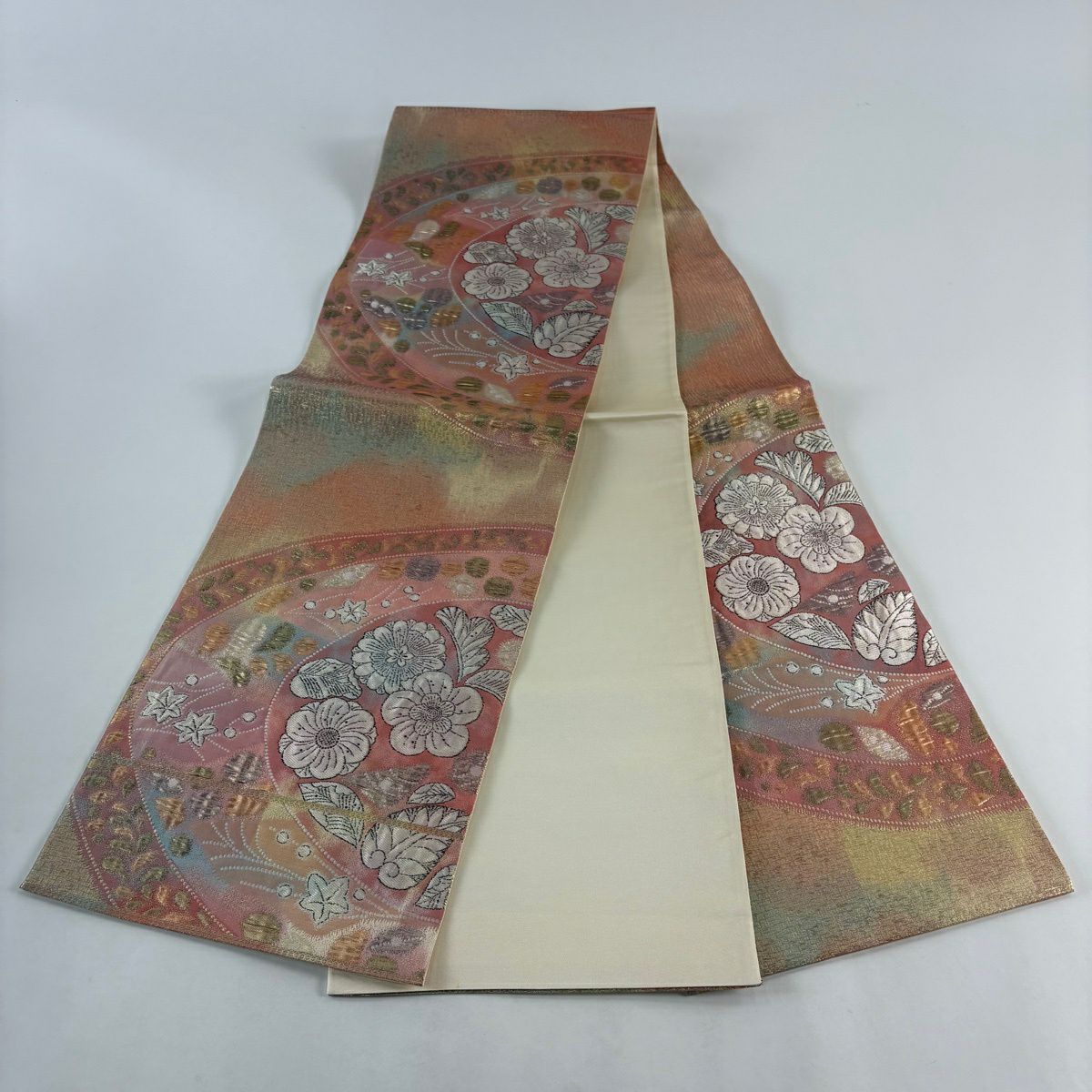 【美品】 袋帶 秀品級 關西仕立 辻花染圖案 金金箔 粉紅色 大鼓圖案 純蠶絲