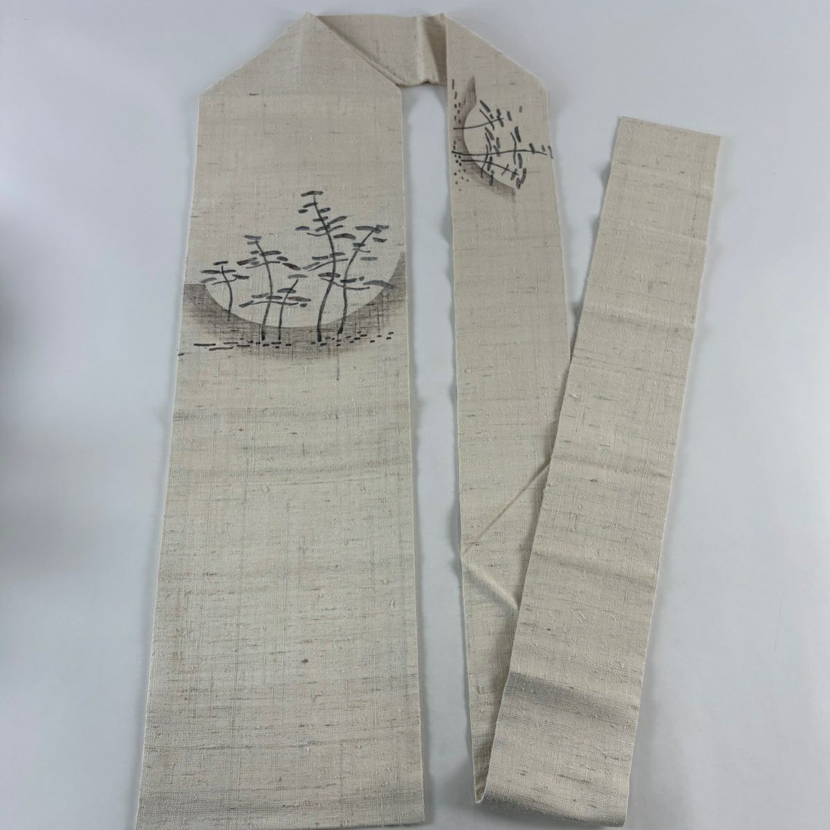 【美品】 名古屋帶 秀品級 落款あり 紬織織 樹木 淺米色 純蠶絲