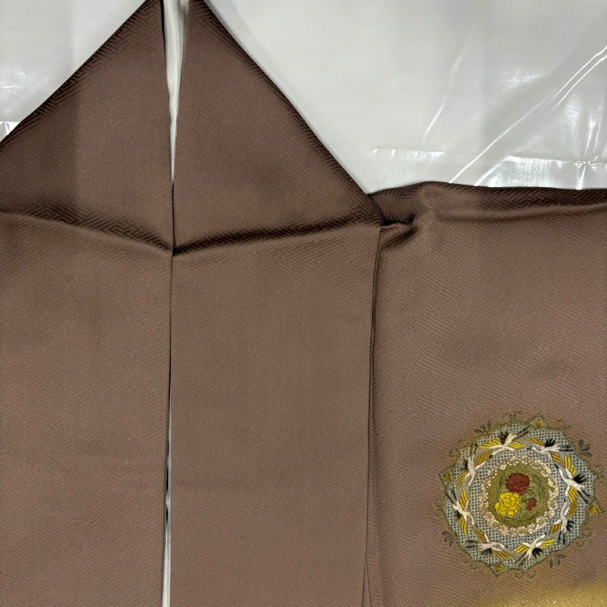 【美品】 付下 身長164.5cm 袖長66cm M 雙層 仙鶴 花丸紋 金銀彩 刺繡 薄小豆 純蠶絲 秀品級