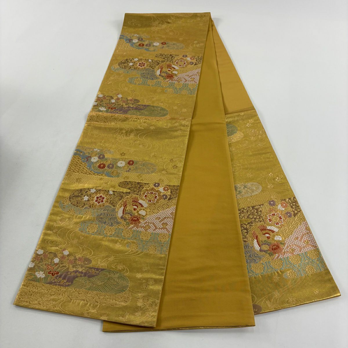 【美品】 袋帶 秀品級 有落款 流水霞錦紋 流水霞錦紋 花鳥 金絲 刺繡 金色 六通 純蠶絲
