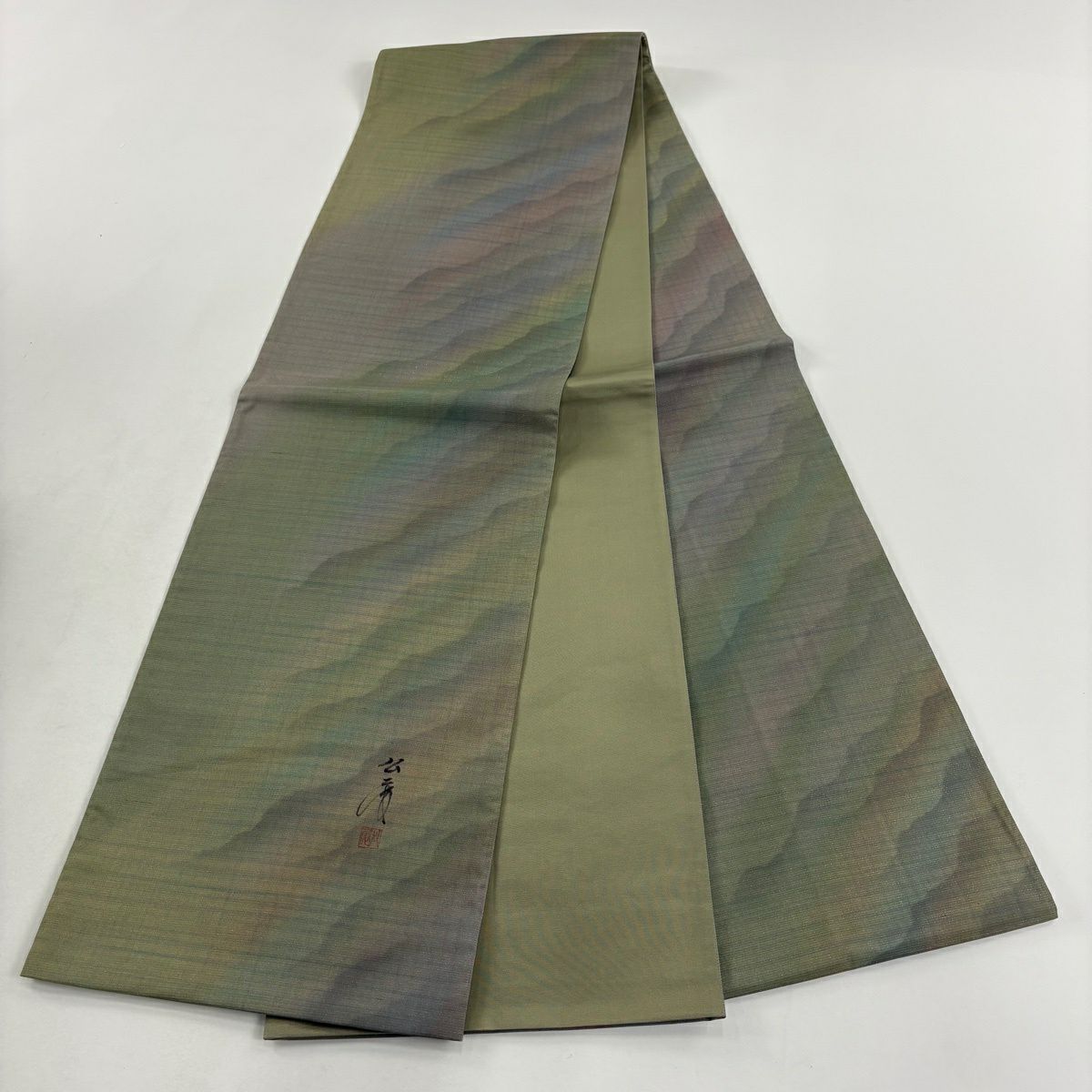 【美品】 袋帶 秀品級 落款あり 霞 金金箔 灰綠 全通 純蠶絲