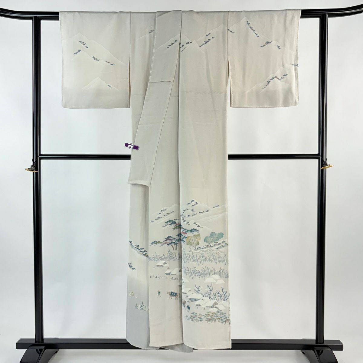【美品】訪問服 身長151.5cm 袖長62cm S 雙層 上野街子 清染居 落款あり 此良暮雪 松樹 ぼかし 絞織 米色 純蠶絲 逸品級