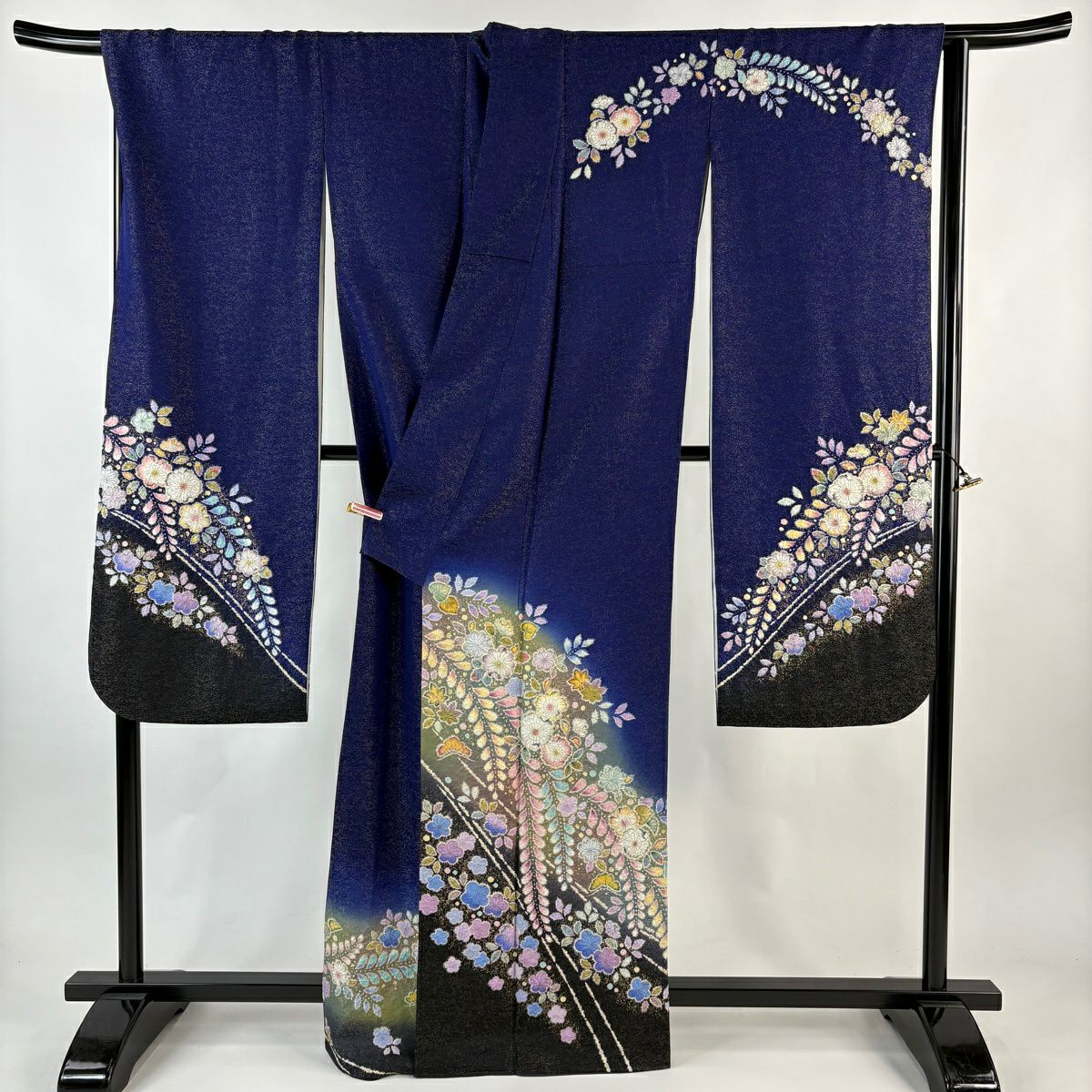 振袖禮服 身長163.5cm 袖長67.5cm L 雙層 徳永憲峯 落款あり 辻花染 金通し 金銀彩 深藍 純蠶絲 逸品級