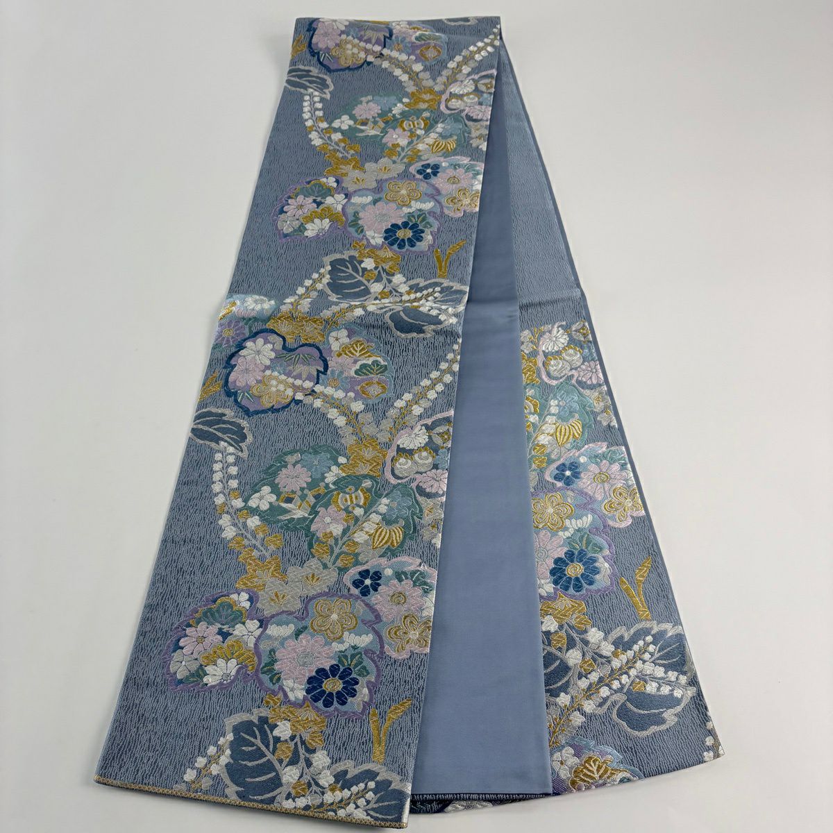 袋帶 名品級 附落款 桐 松樹竹子梅花 唐織 金絲 青灰 六通 純蠶絲