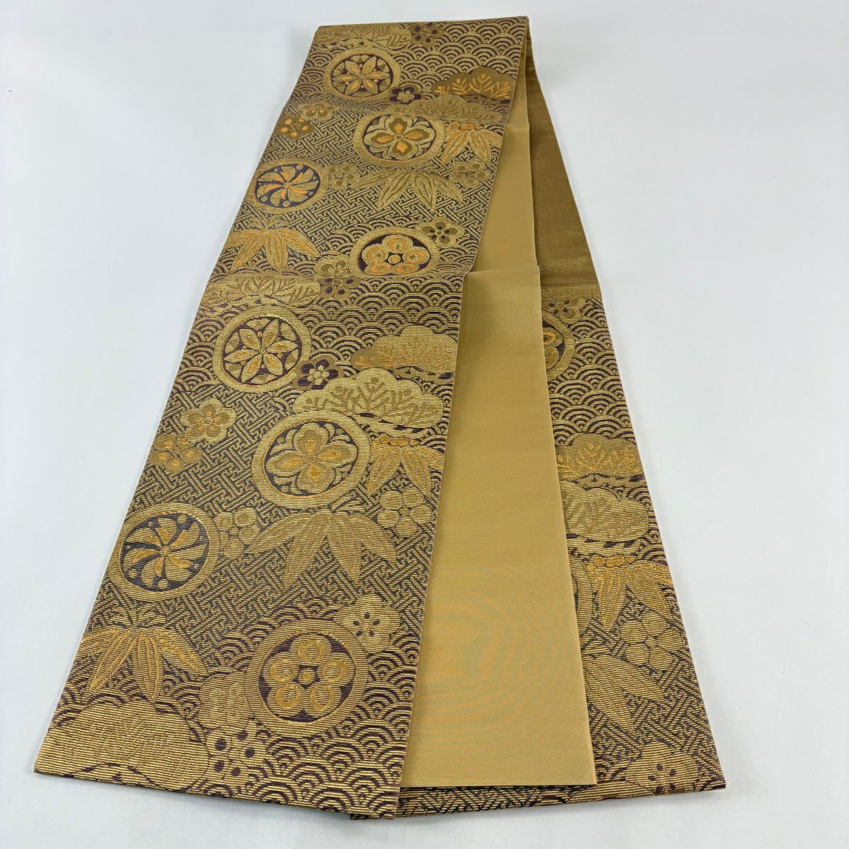 【美品】 袋帶 名品級 松樹竹子梅花 紗綾型 金糸 金金箔 紫 六通 純蠶絲