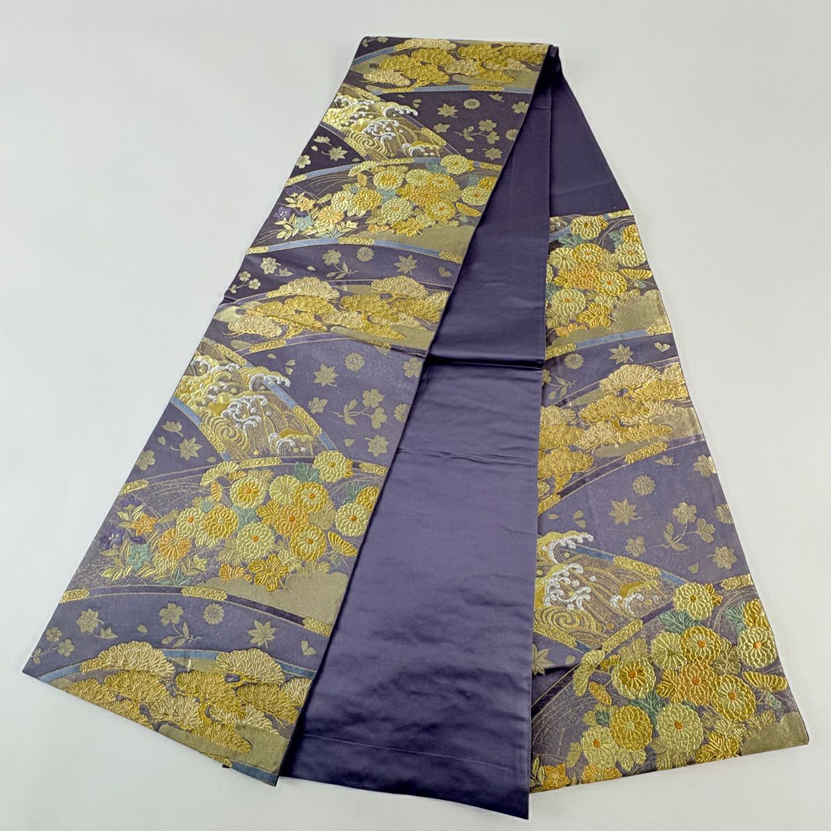 【美品】 袋帶 名品級 落款あり 本家加納 波頭 若松樹 金銀糸 金金箔 紫 六通 純蠶絲