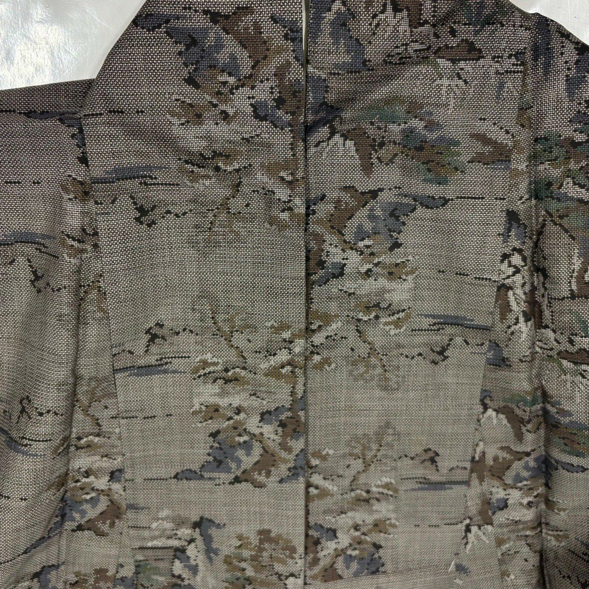 【美品】 紬織 身長158.5cm 袖長64cm M 雙層 樹木 黑灰 純蠶絲 秀品級
