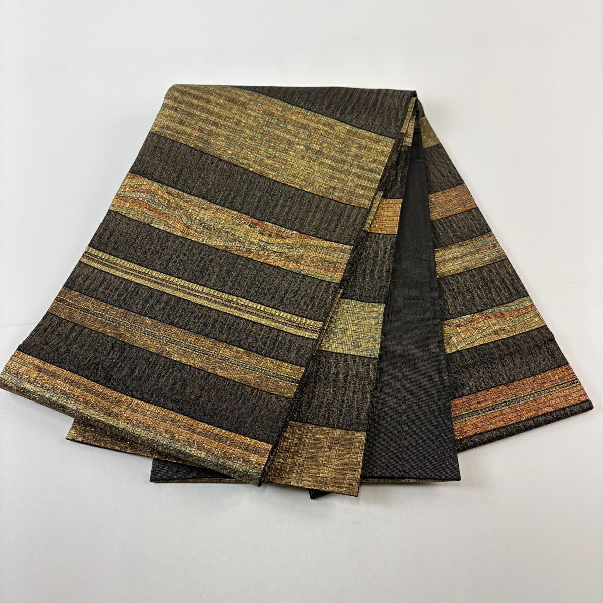 【美品】 袋帶 秀品級 段紋 金金箔 金絲 墨 全通 純蠶絲
