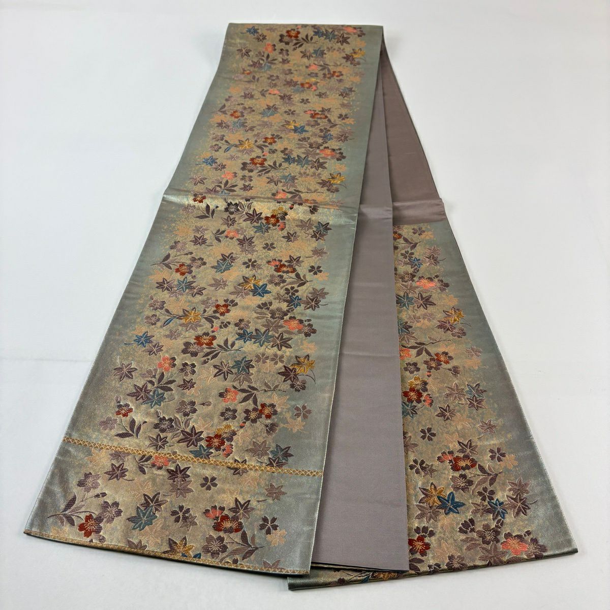 【美品】 袋帶 秀品級 關西仕立 雜畫櫻楓紋 金線 金金箔 灰綠 六通 純蠶絲