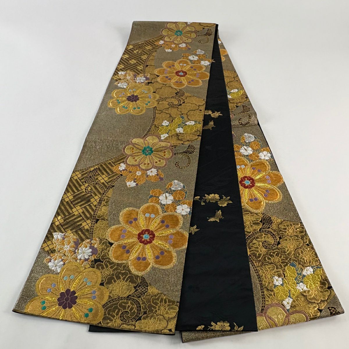 【美品】 袋帶 秀品級 振袖禮服禮服用 花 花唐草紋 金銀線 金金箔 金色 全通 純蠶絲