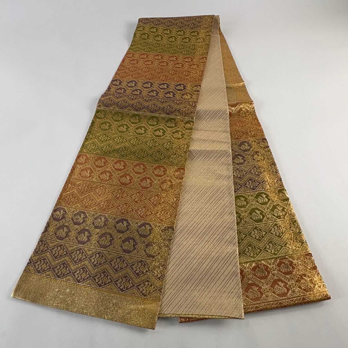 【美品】 袋帶 秀品級 有栖川 草花紋 金糸 金金箔 鶯 深藍 六通 純蠶絲