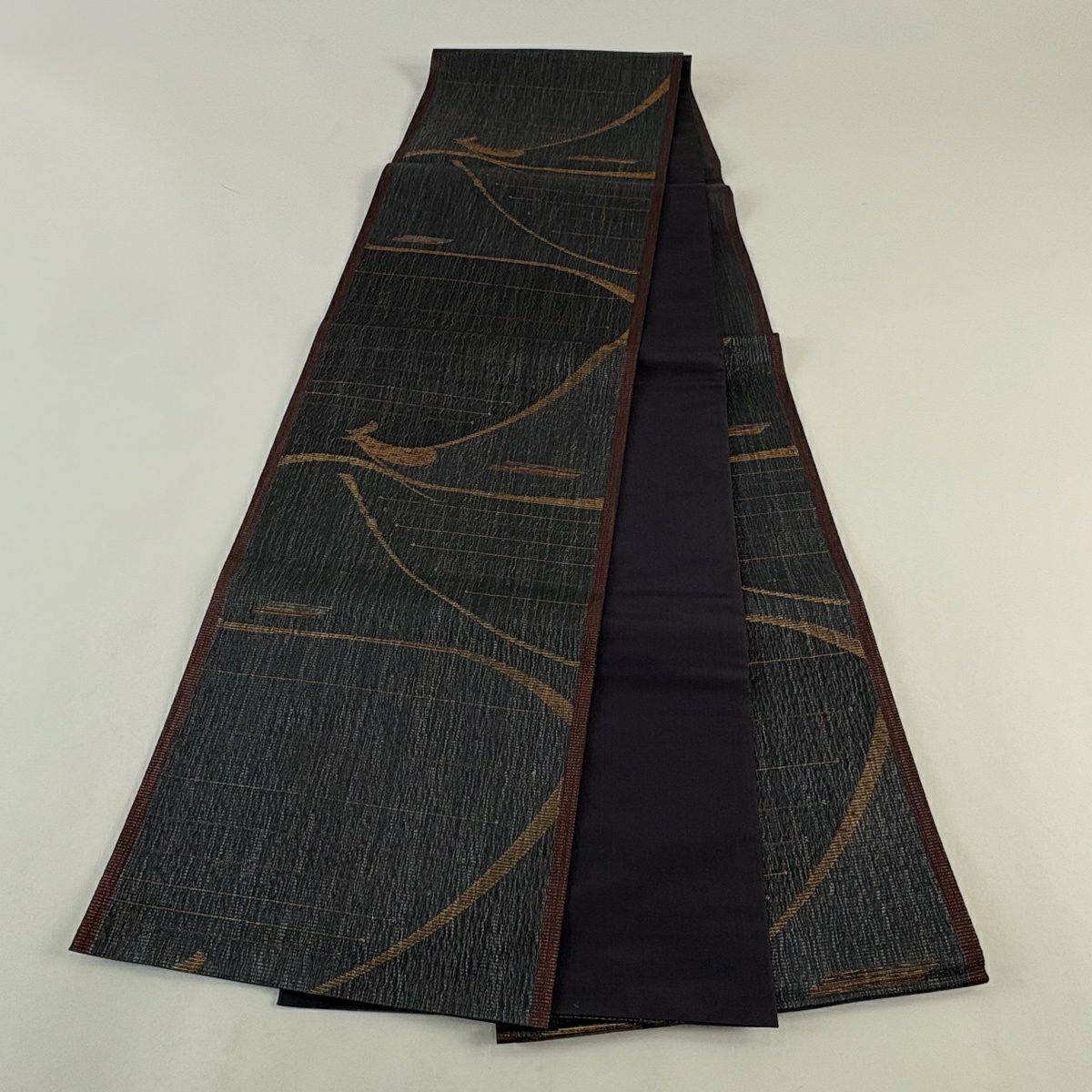 【美品】 袋帶 秀品級 鳥 縞 金金箔 黑灰 六通 純蠶絲