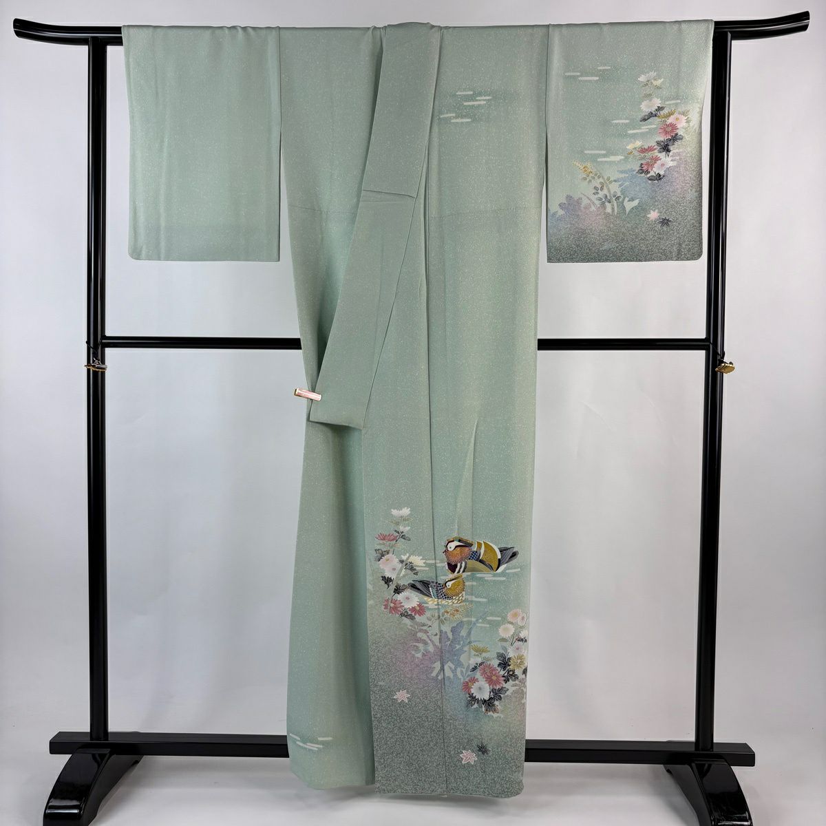訪問服 身長157.5cm 袖長64.5cm M 雙層 人間國寶 羽田登喜男 落款 鴛鴦 菊花 金銀彩 漸層 薄綠 純蠶絲 逸品級 一個紋