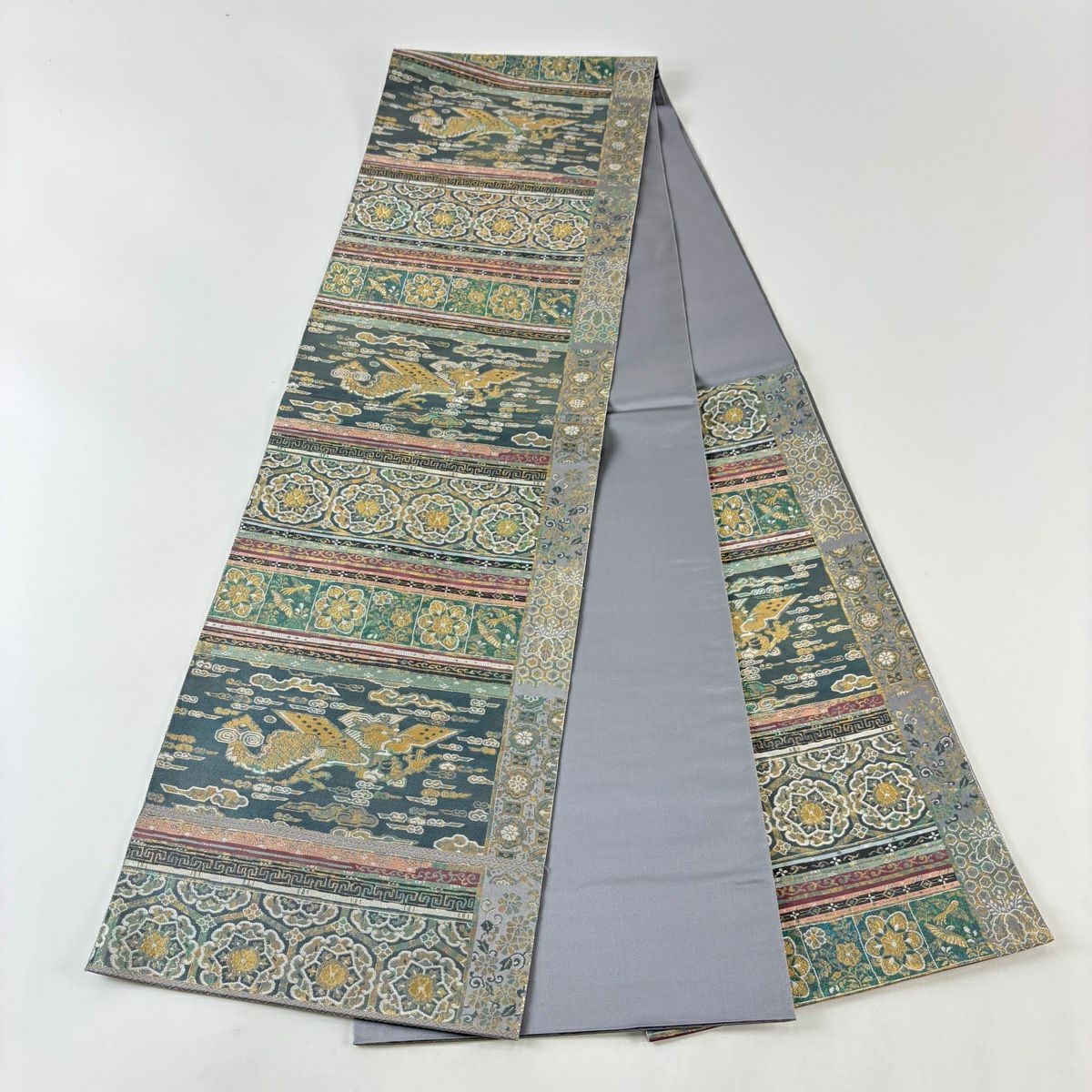 【美品】 袋帶 名品級 服部織物 落款あり 琥珀錦 龍 華紋 金金箔 灰綠 六通 純蠶絲