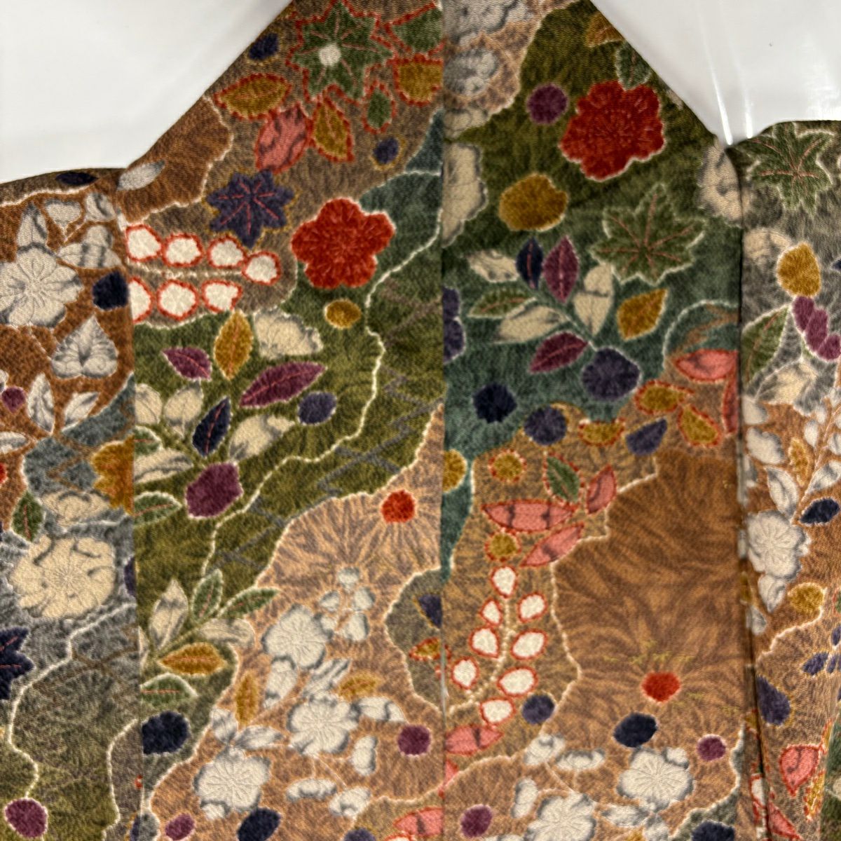 【美品】 小紋 身長156cm 袖長63cm S 雙層 辻花染圖案 道長取 縮緬 茶綠 純蠶絲 秀品級