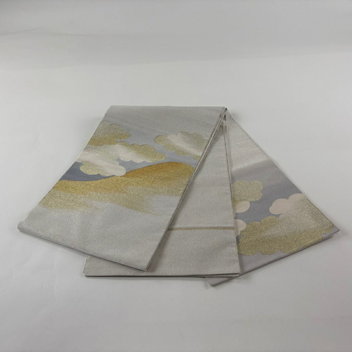 【美品】 袋帶 秀品級 雲文 山 金糸 金金箔 青灰 純蠶絲