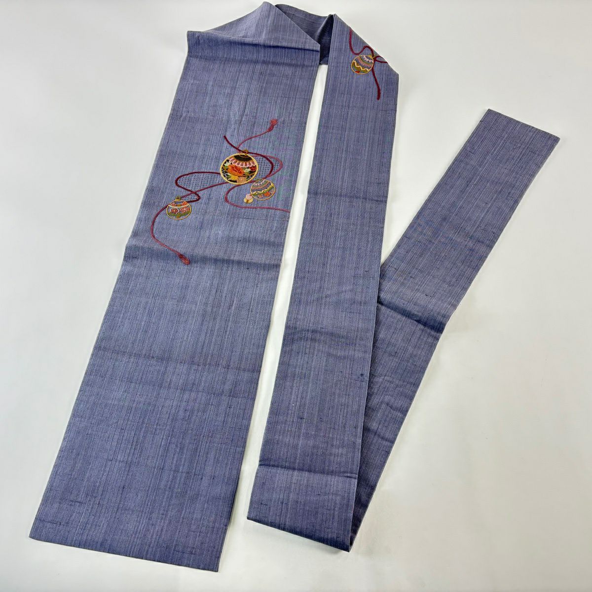 【美品】名古屋帶 優品級 紬織織 鈴 相良刺繡 金絲 灰紫 純蠶絲