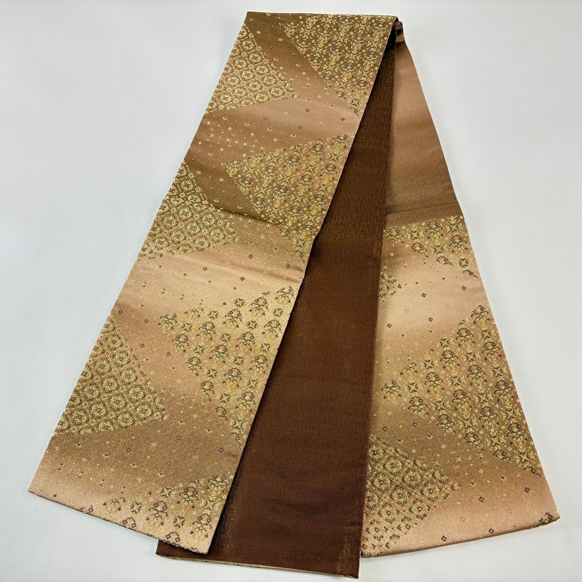 【美品】 袋帶 秀品級 花菱 金絲 茶 六通 純蠶絲