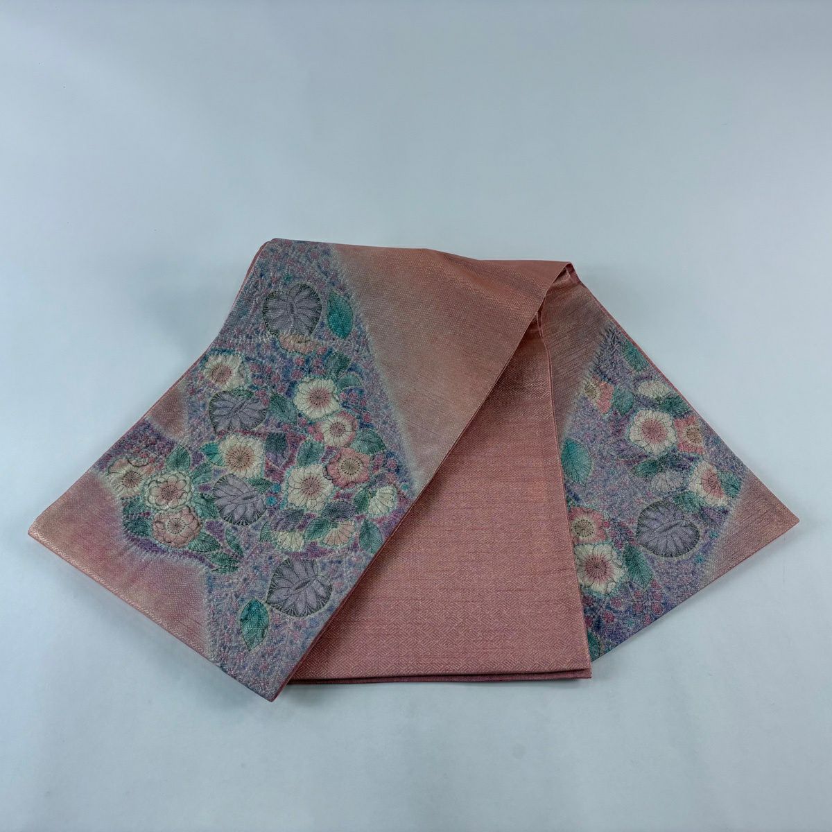 【美品】 袋帶 秀品級 草花紋紋 金絲 金金箔 粉紅色 大鼓圖案 純蠶絲