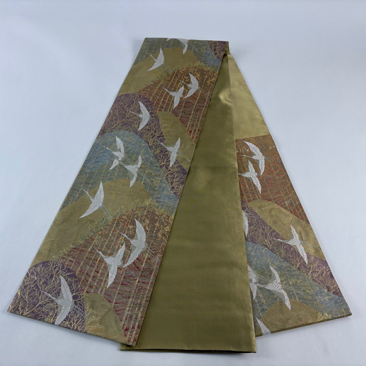 【美品】 袋帶 秀品級 落款あり 藤三郎 仙鶴 山並 金金箔 黃土 六通 純蠶絲
