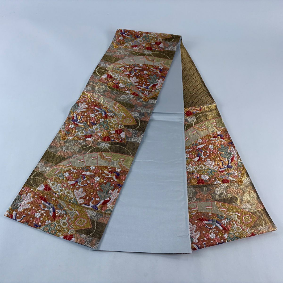 【美品】 袋帶 秀品級 有落款 桧扇子 仙鶴 金絲 金金箔 金色 六通 純蠶絲