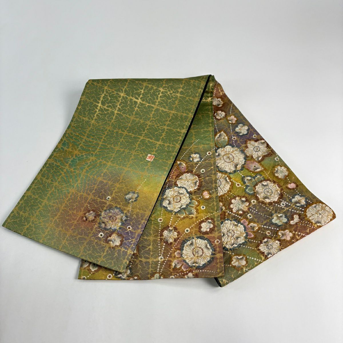 【美品】 袋帶 名品級 附有落款 草花紋 金糸 金金箔 艾草色 大鼓圖案 純蠶絲