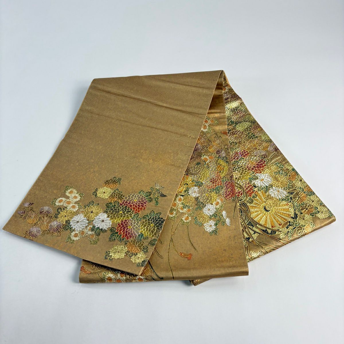 袋帶 名品級 落款 花車 菊花 金銀彩 金金箔 金純蠶絲 お太鼓柄