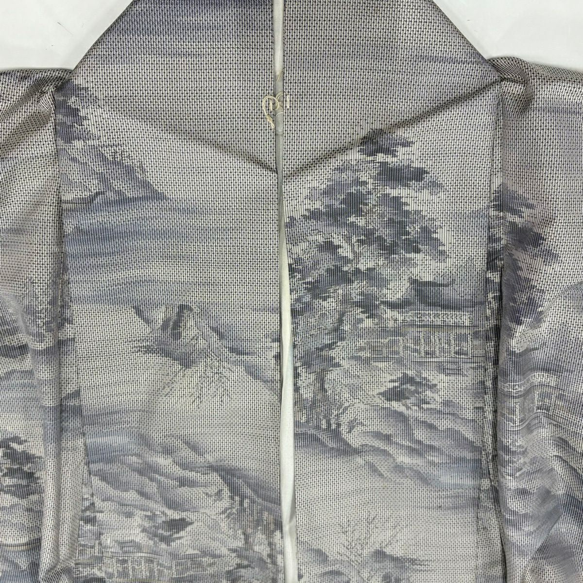 紬織 身長159.5cm 袖長65.5cm M 雙層 建物 樹木 灰紫 純蠶絲 秀品級