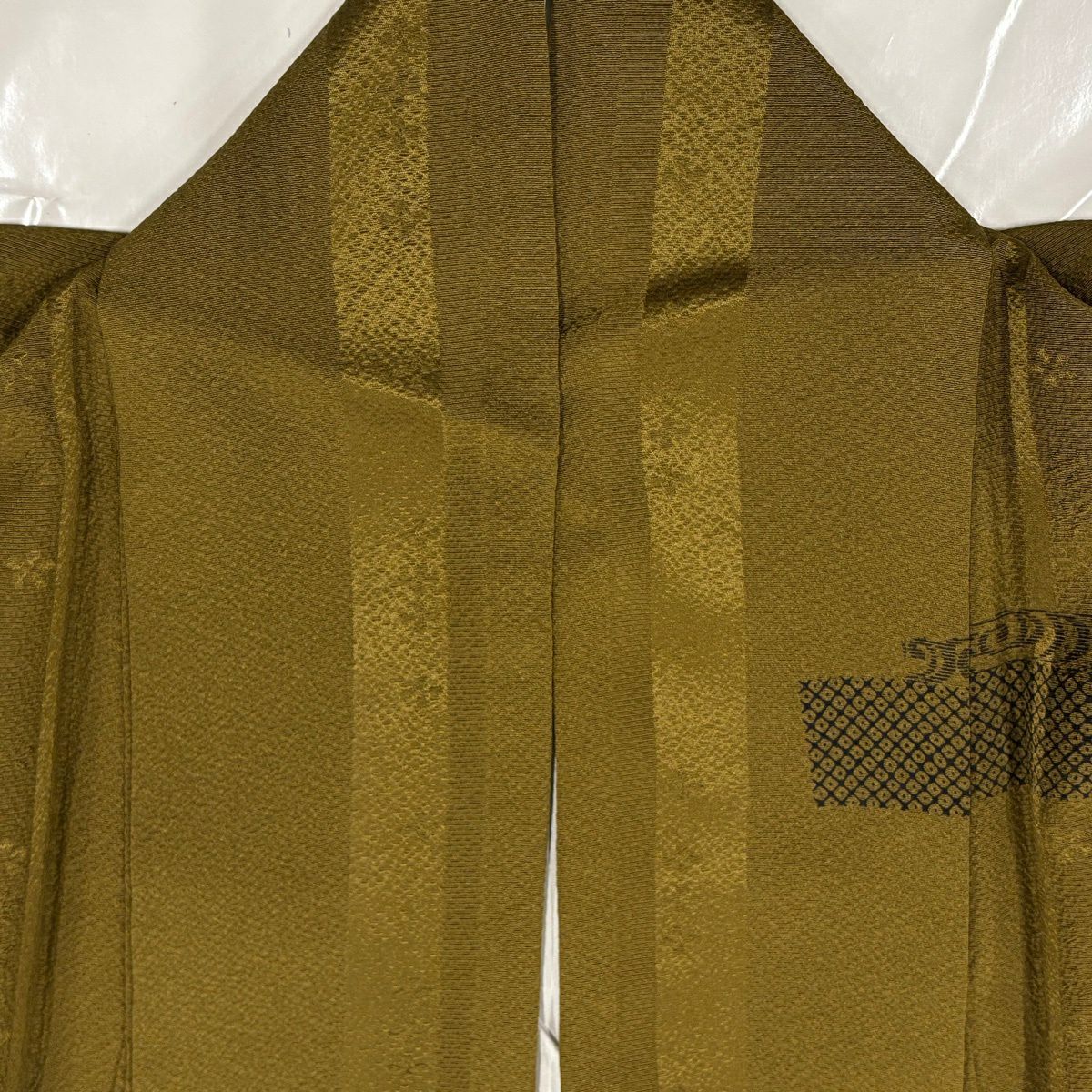 【美品】訪問服 身長166cm 袖長66.5cm M 雙層 雪輪 草花紋 金銀線 金銀彩 茶綠 純蠶絲 秀品級