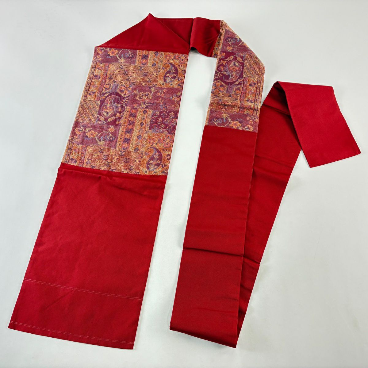 【美品】名古屋帶 秀品級 關西仕立 草花紋幾何學 紅 純蠶絲