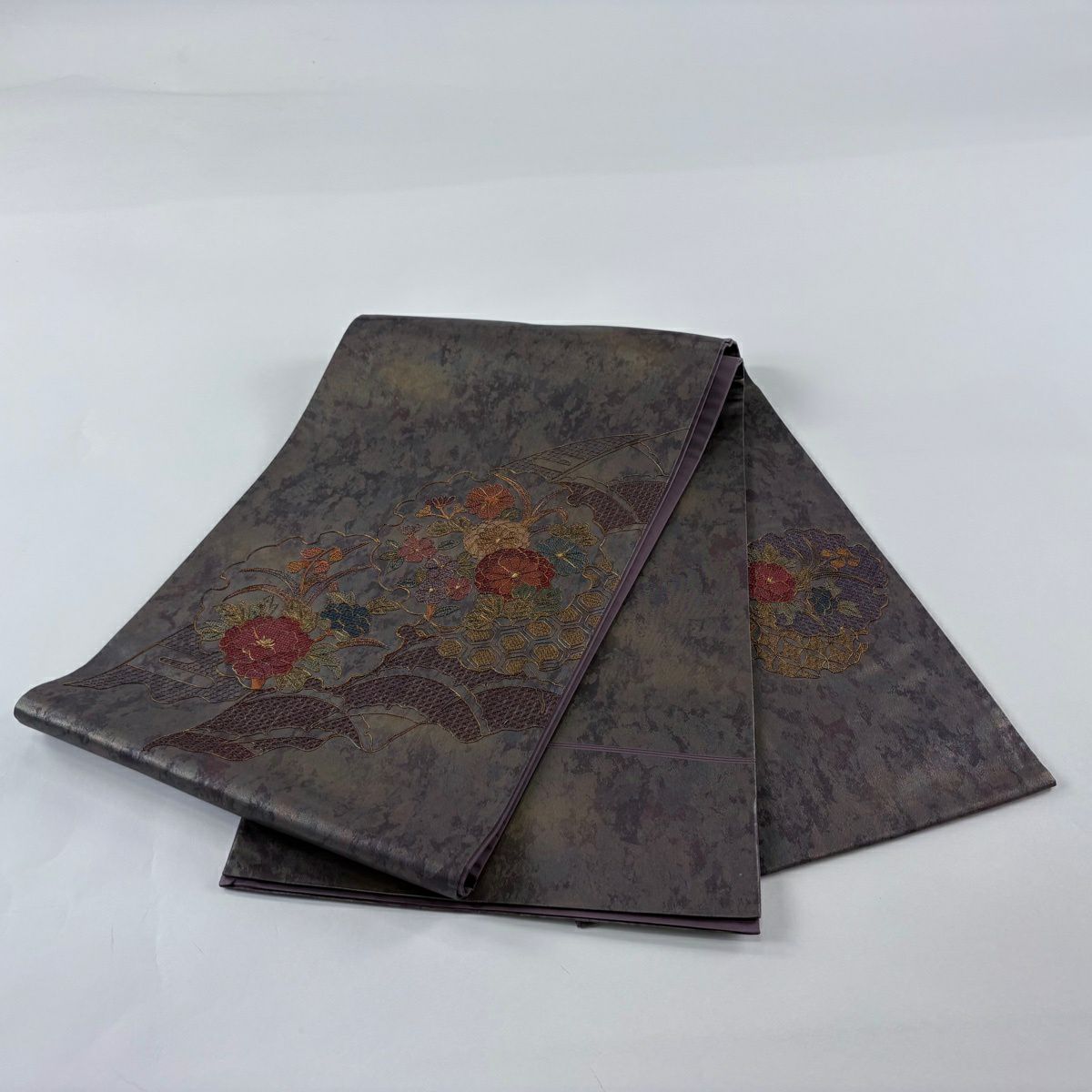 袋帶 秀品級 雪輪 草花紋刺繡 金金箔 灰紫 お太鼓圖案 純蠶絲