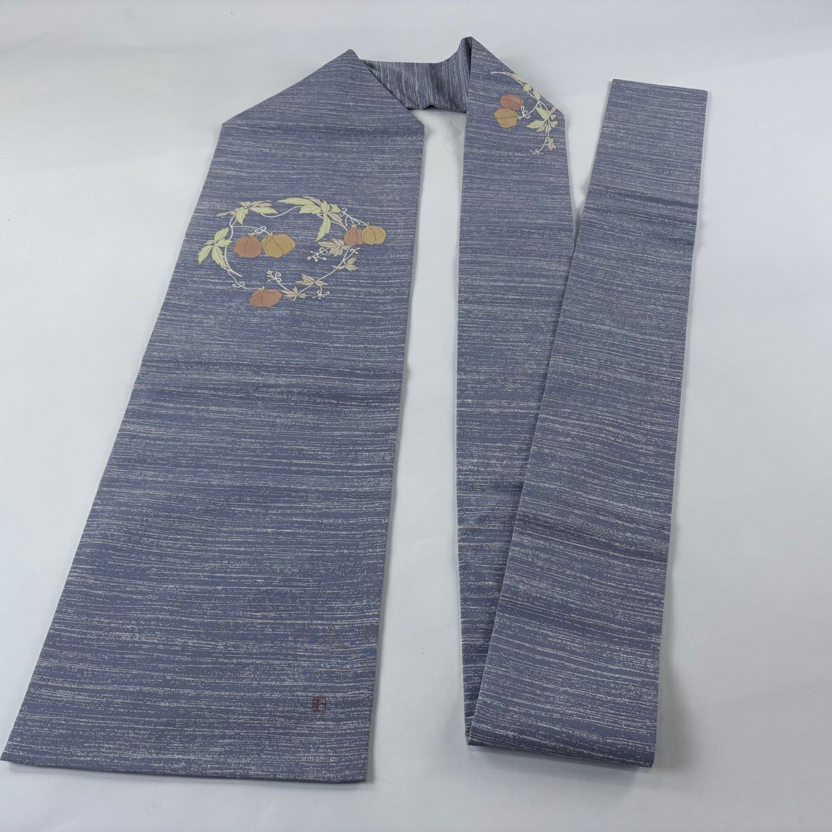【美品】名古屋帶 秀品級 有落款 鬼燈條紋 金銀彩 青灰色 純蠶絲