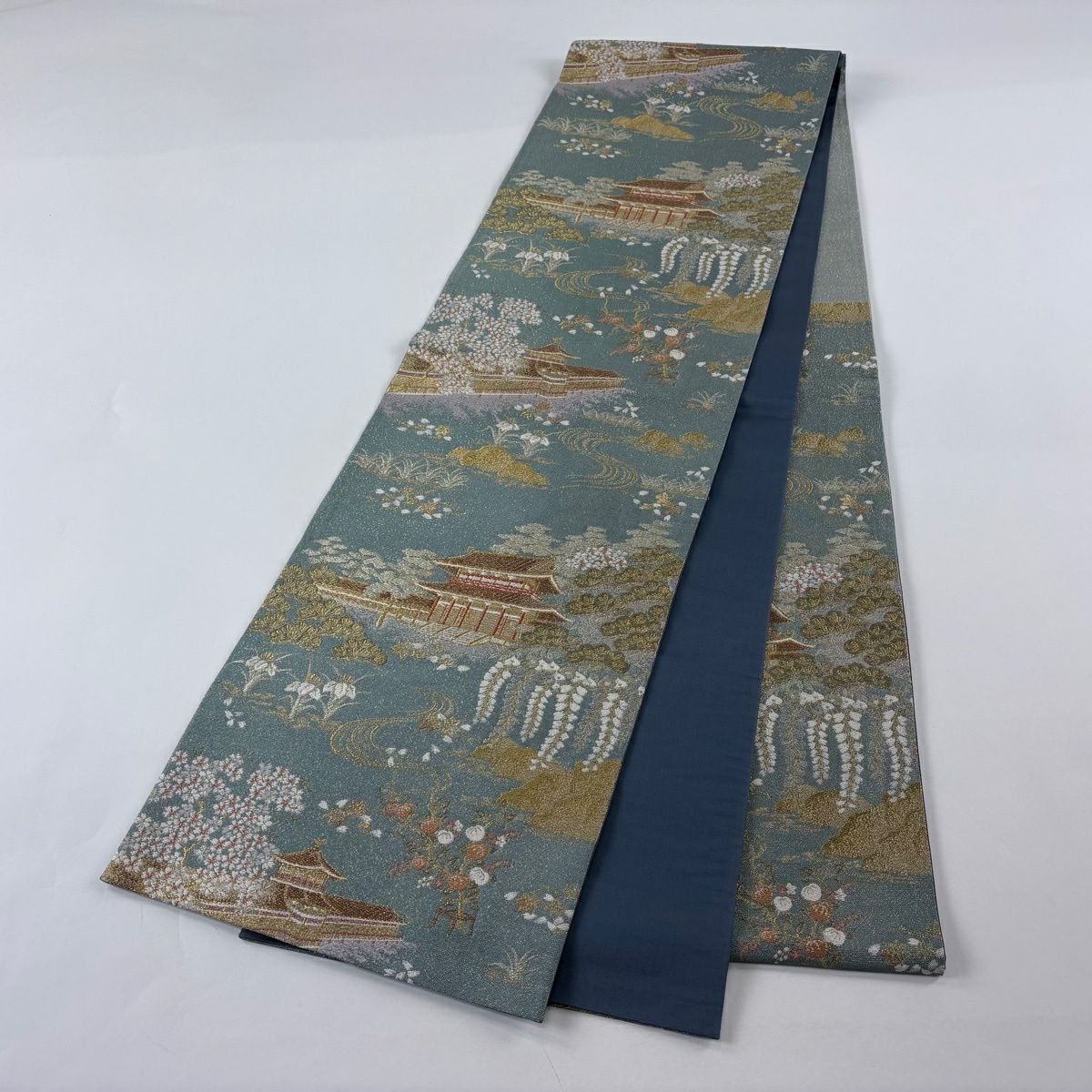 袋帶 秀品級 建築 草花紋紋 金絲 淺綠 六通 純蠶絲