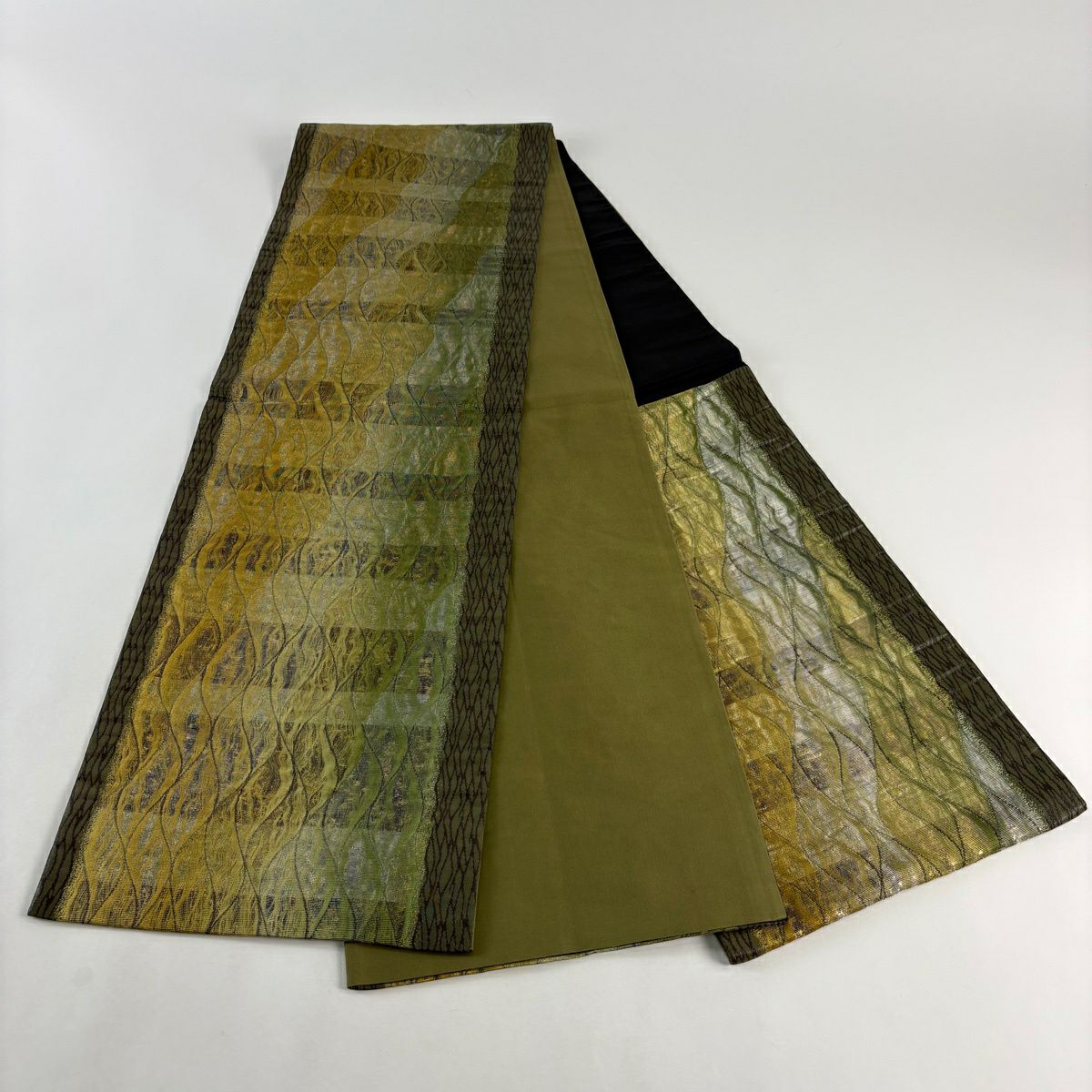 【美品】 袋帶 秀品級 立涌 幾何學圖案 金銀彩 金金箔 茶綠 六通 純蠶絲