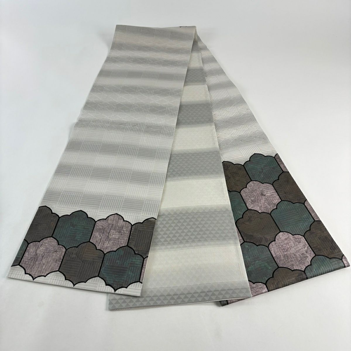 【美品】 袋帶 秀品級 幾何圖案 拉麵彩 灰 深藍色 お太鼓柄 純蠶絲