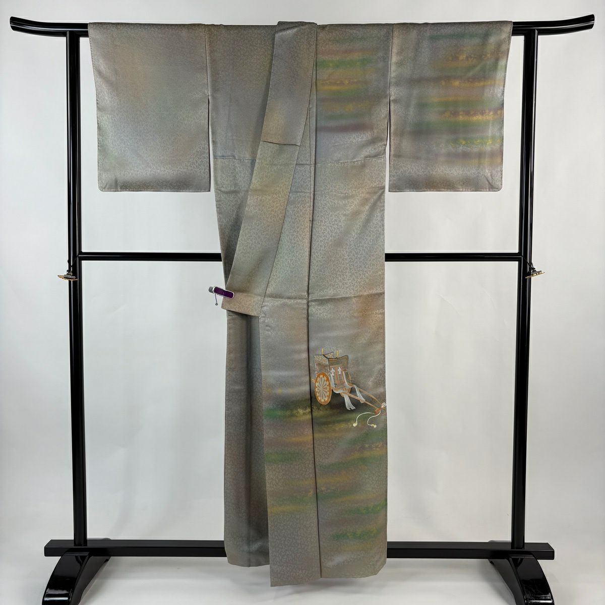 【美品】 付下 身長157.5cm 袖長65cm M 雙層 人間國寶 福田喜重 落款御所車 霞 金銀彩 漸層 灰綠 純蠶絲 逸品級 一つ紋