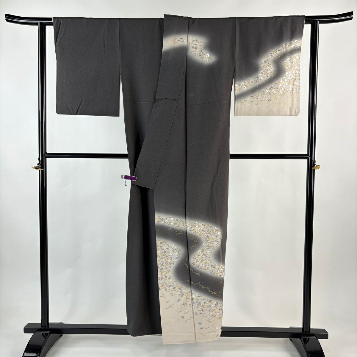 付下 身長153.5cm 袖長63.5cm S 雙層 蒋雪英 落款あり 梅花 吹寄 金銀彩 刺繡 灰茶 純蠶絲 逸品級