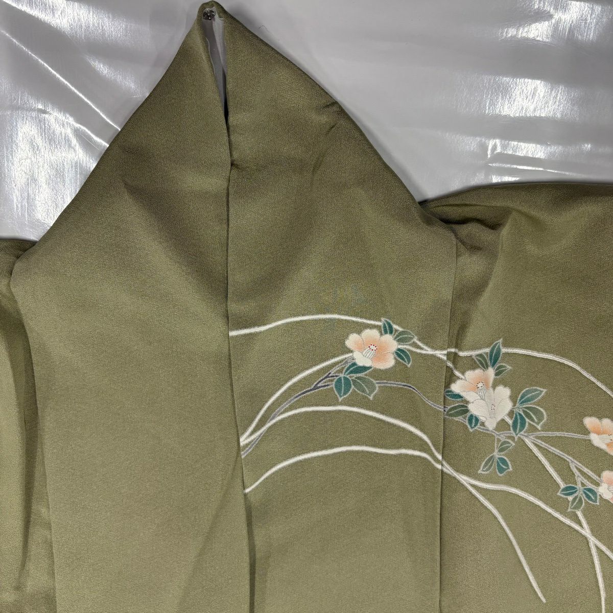 訪問服 身長158cm 袖長63.5cm S 雙層 菊花 椿 金銀彩 漸層 灰綠 純蠶絲 秀品級
