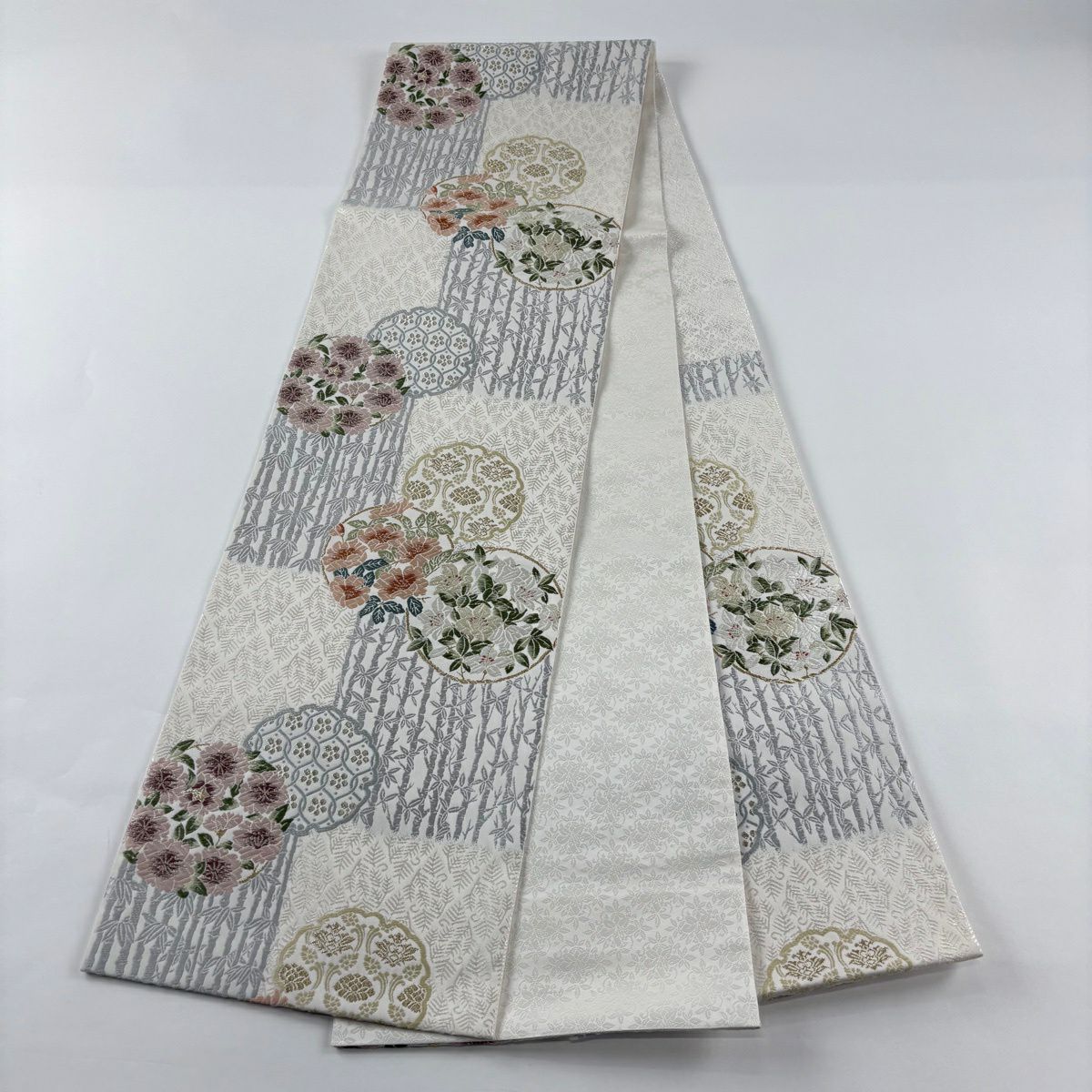【美品】 袋帶 逸品級 落款あり 中村海造 やまと 草花紋 竹子 金銀糸 唐織 奶油 六通 純蠶絲