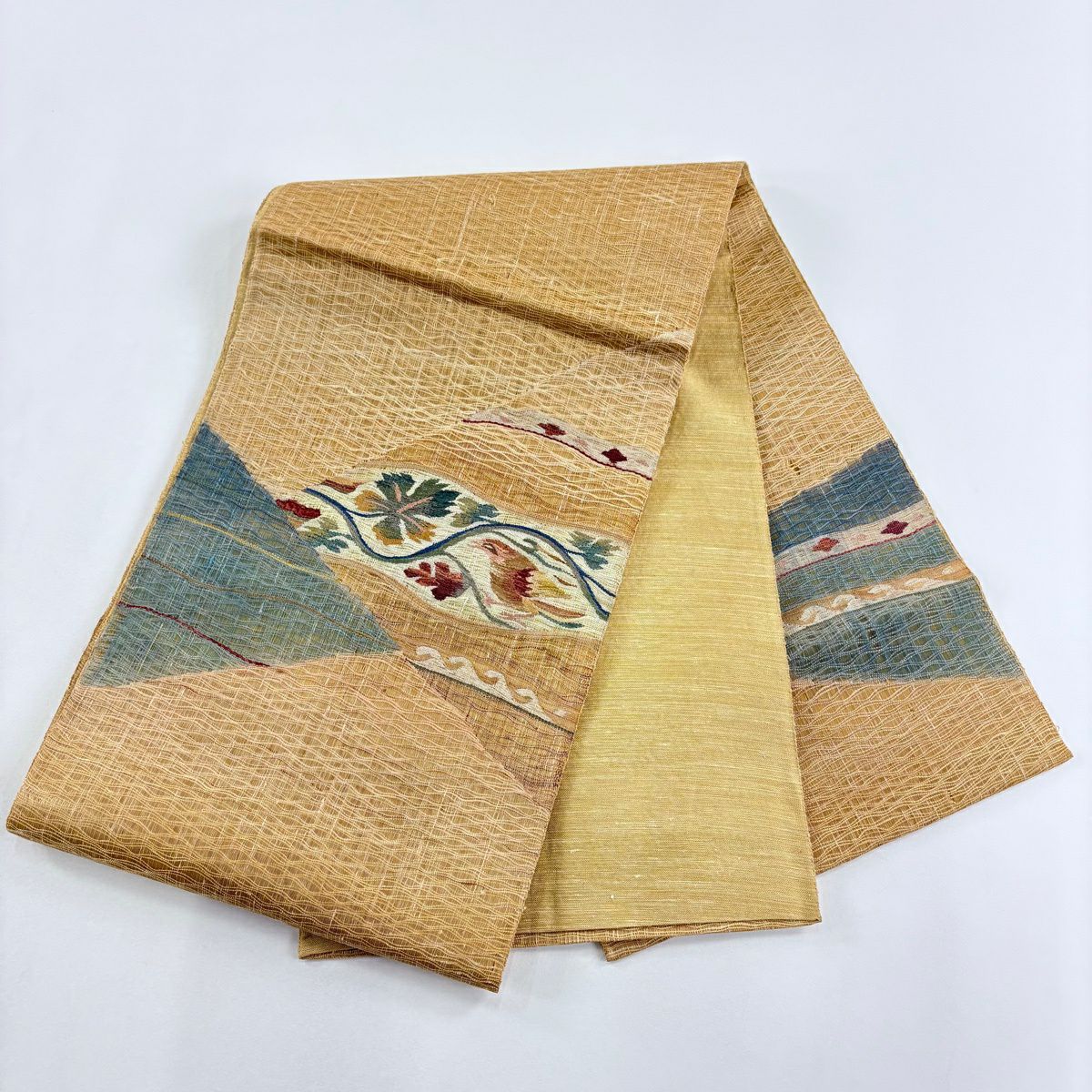 袋帶 秀品級 鳥 唐草紋 金絲 漸變 山吹茶 素材 純蠶絲