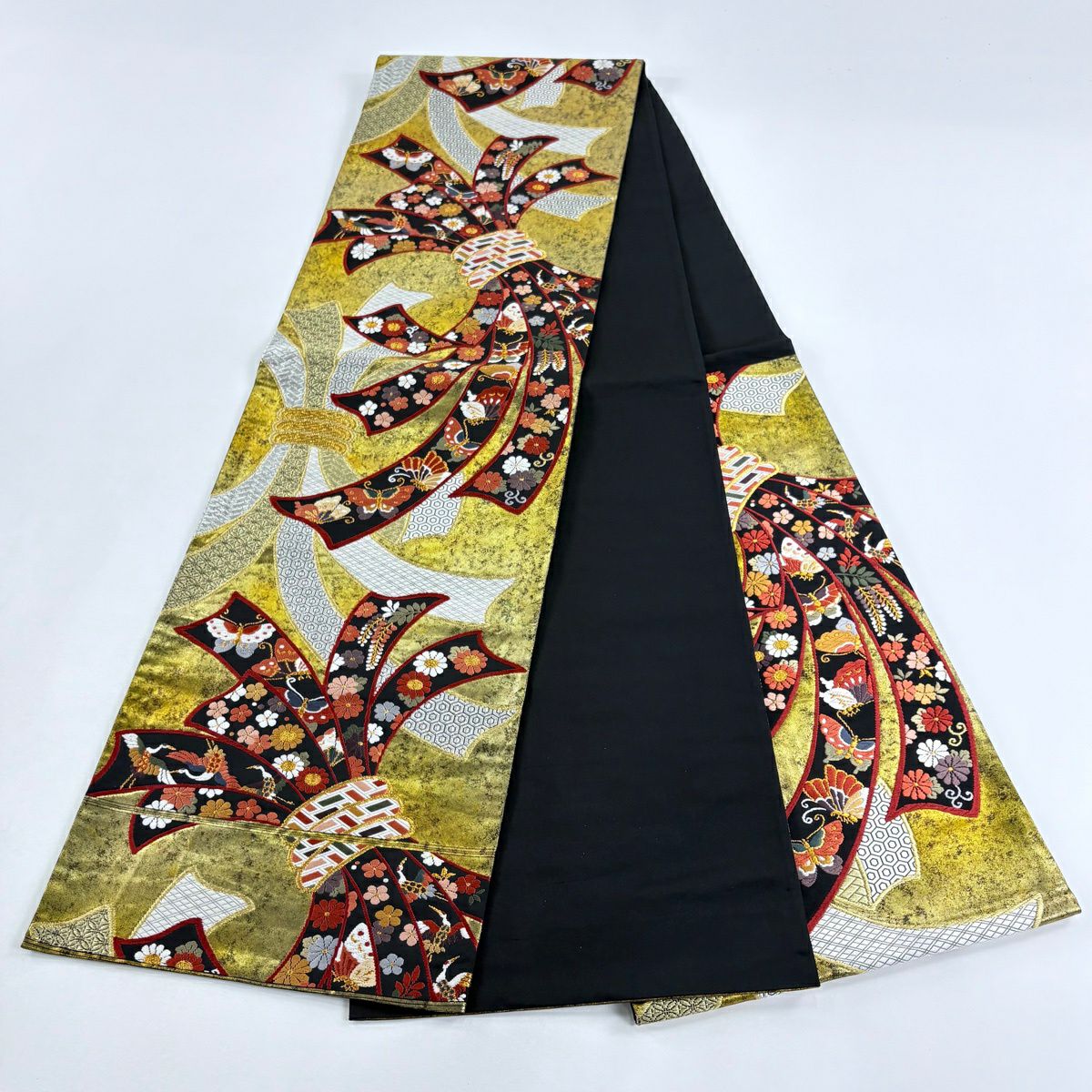【美品】 袋帶 秀品級 關西仕立 雜束熨斗紋 花鳥 刺繡 金銀彩 金色 六通 純蠶絲