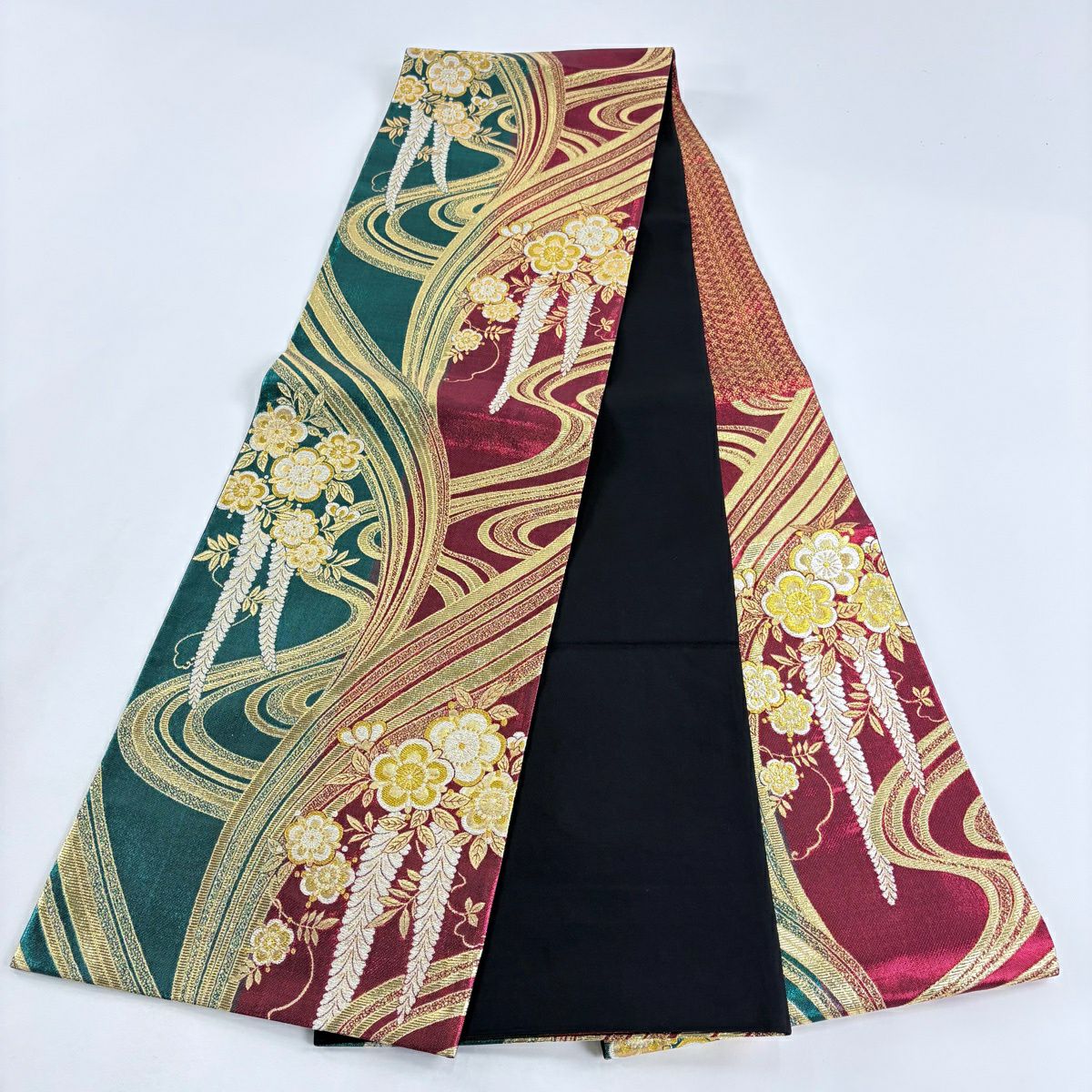 【美品】 袋帶 秀品級 鈴乃屋 草花紋紋 流水 金銀彩 流水 紅 六通 純蠶絲