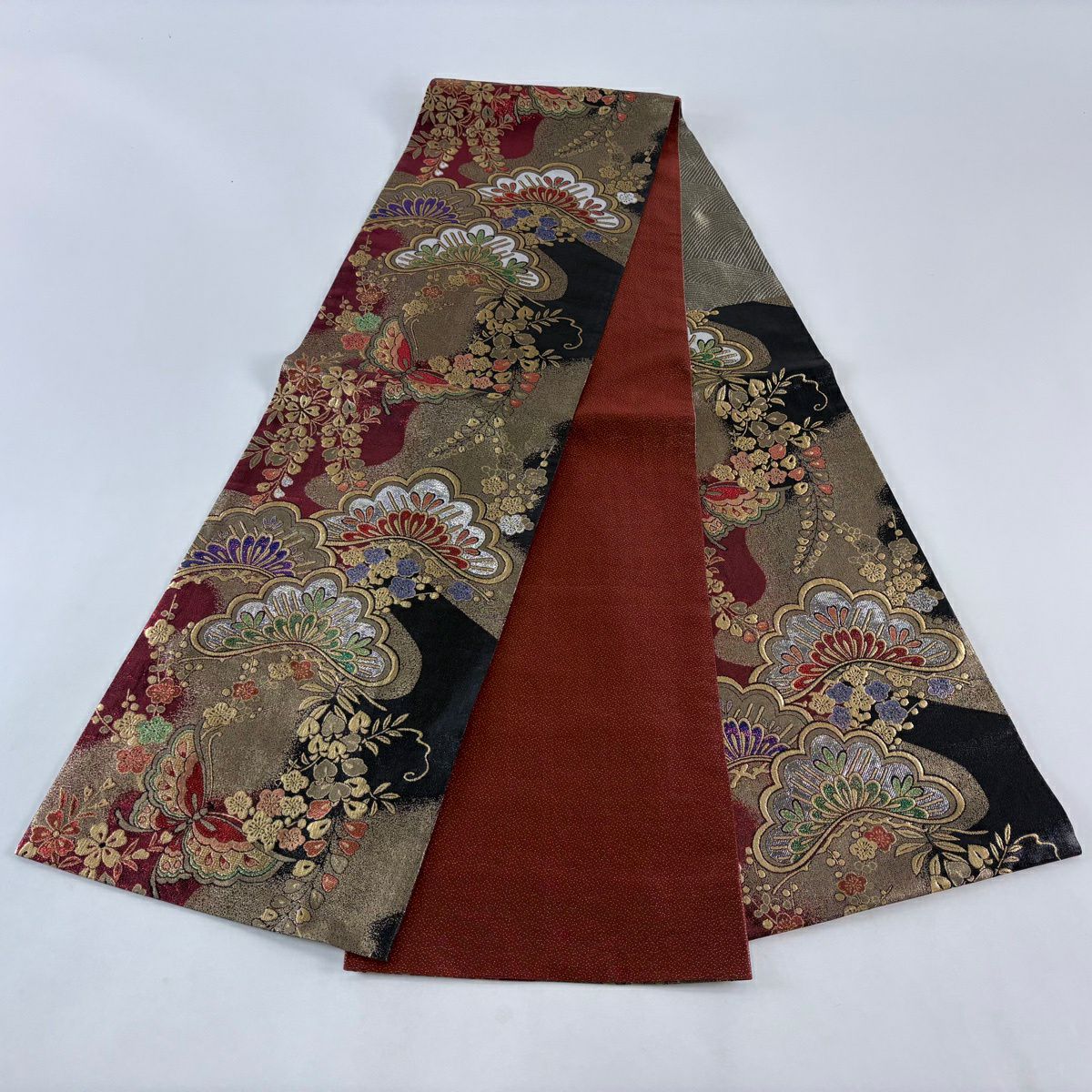 【美品】 袋帶 秀品級 松樹梅花 蝶 金絲 金金箔 紅 六通 純蠶絲