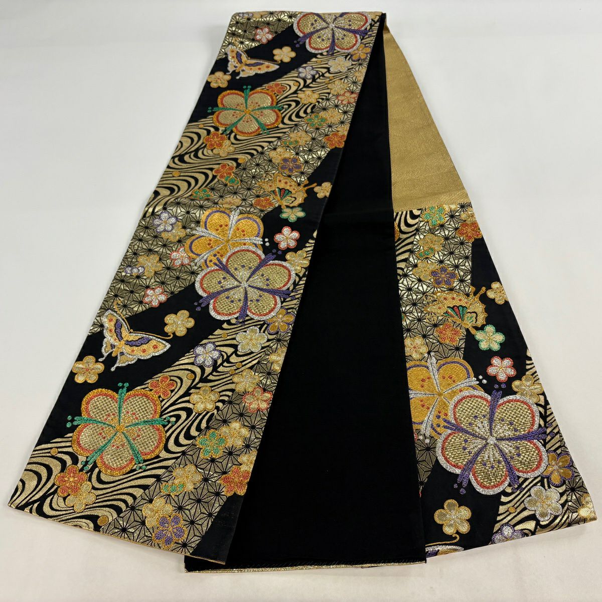 【美品】 袋帶 秀品級 蝶 梅花 金金箔 金絲 黑 六通 純蠶絲