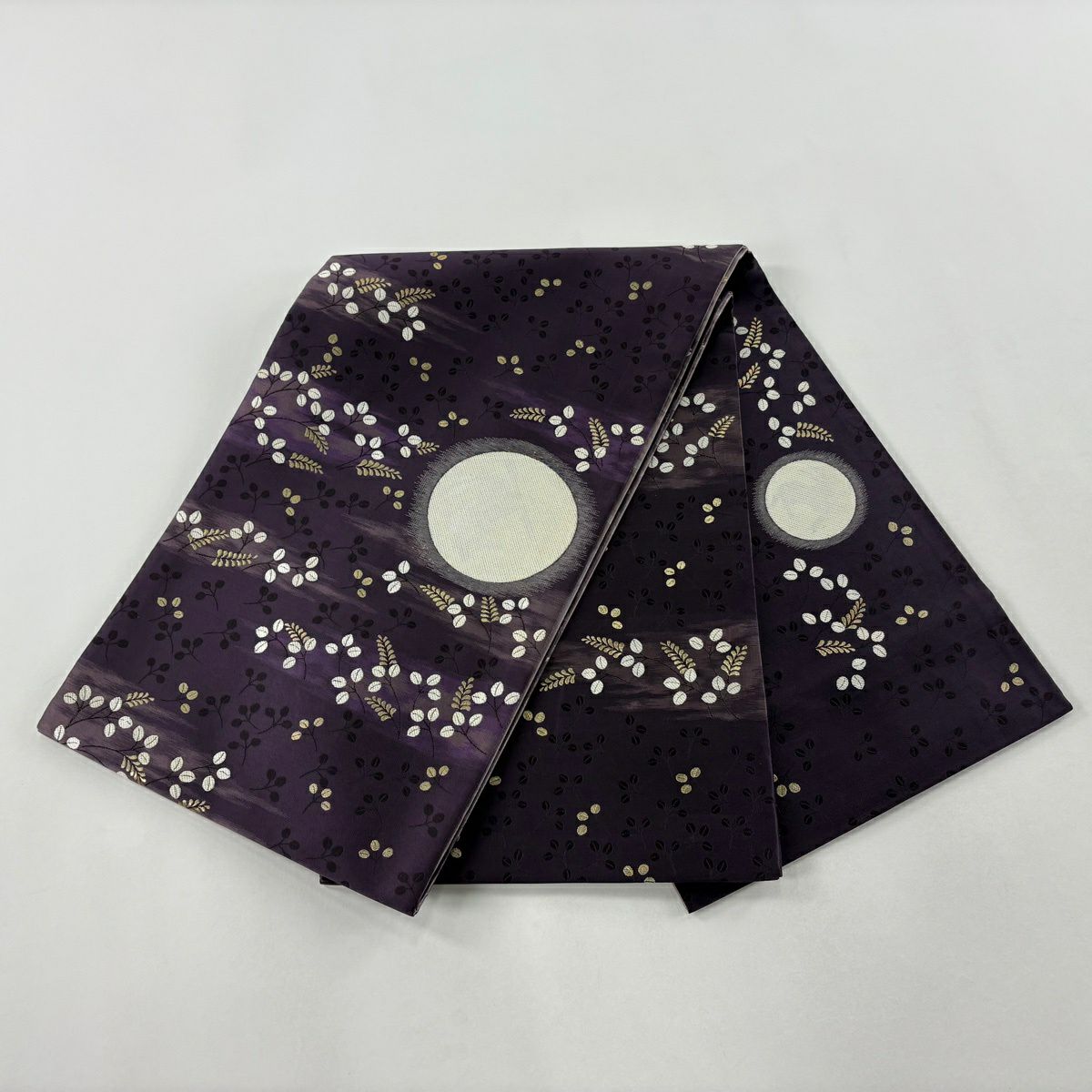 【美品】 袋帶 逸品級 洛樂人 落款あり 兔子與月亮 萩 金金箔 紫色 お太鼓柄 純蠶絲